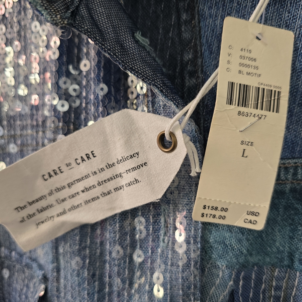 Pilcro Sequin Denim Patchwork Print Blue Top NWT - image 6